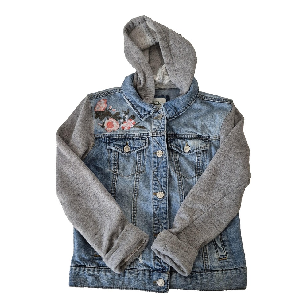 Mudd Jacket‎ Girls Small Blue Denim Gray Hoodie Sleeves Floral Embroidered